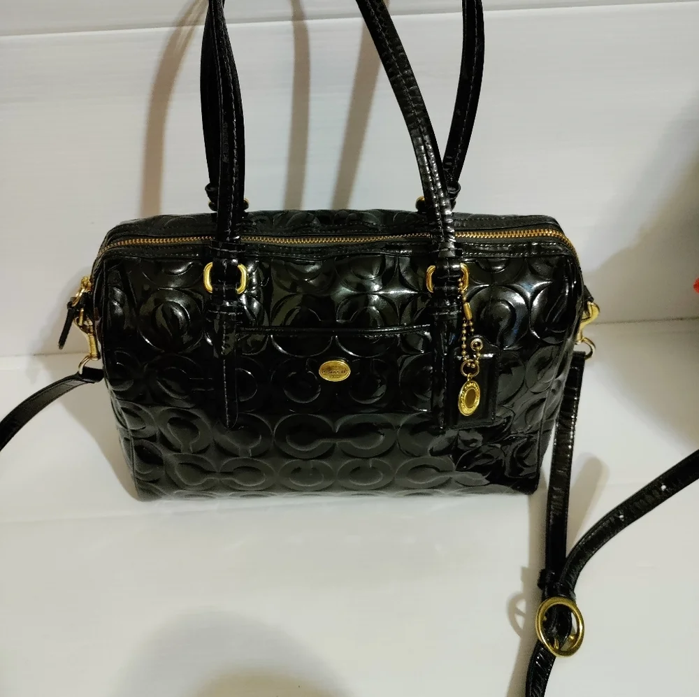 Coach Black Optic C Embossed Patent Leather Large Shoulder Crossbody Bag